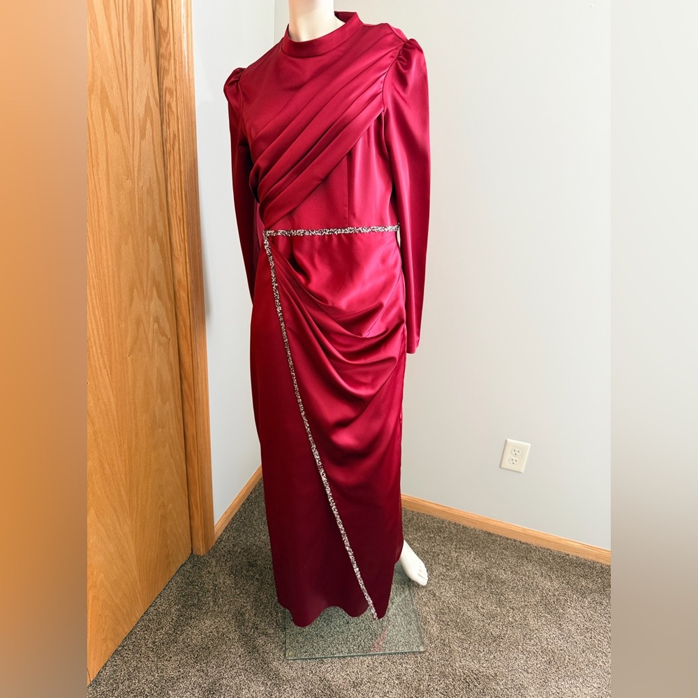 Modest Elegant Red Satin Long Sleeve Maxi Dress from Turkey